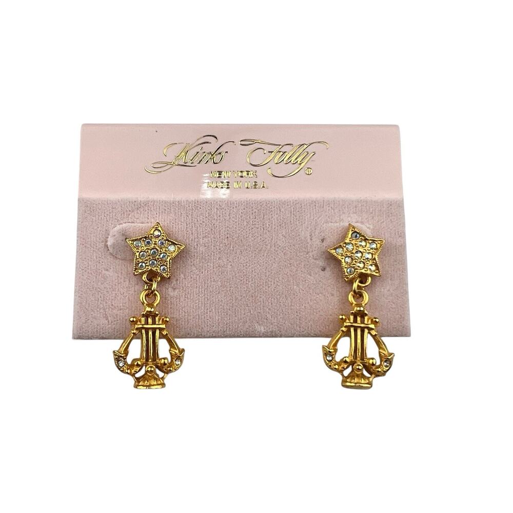 Kirks Folly Vintage Lyre & Pave Stars Pierced Earrings Gold Tone on Card